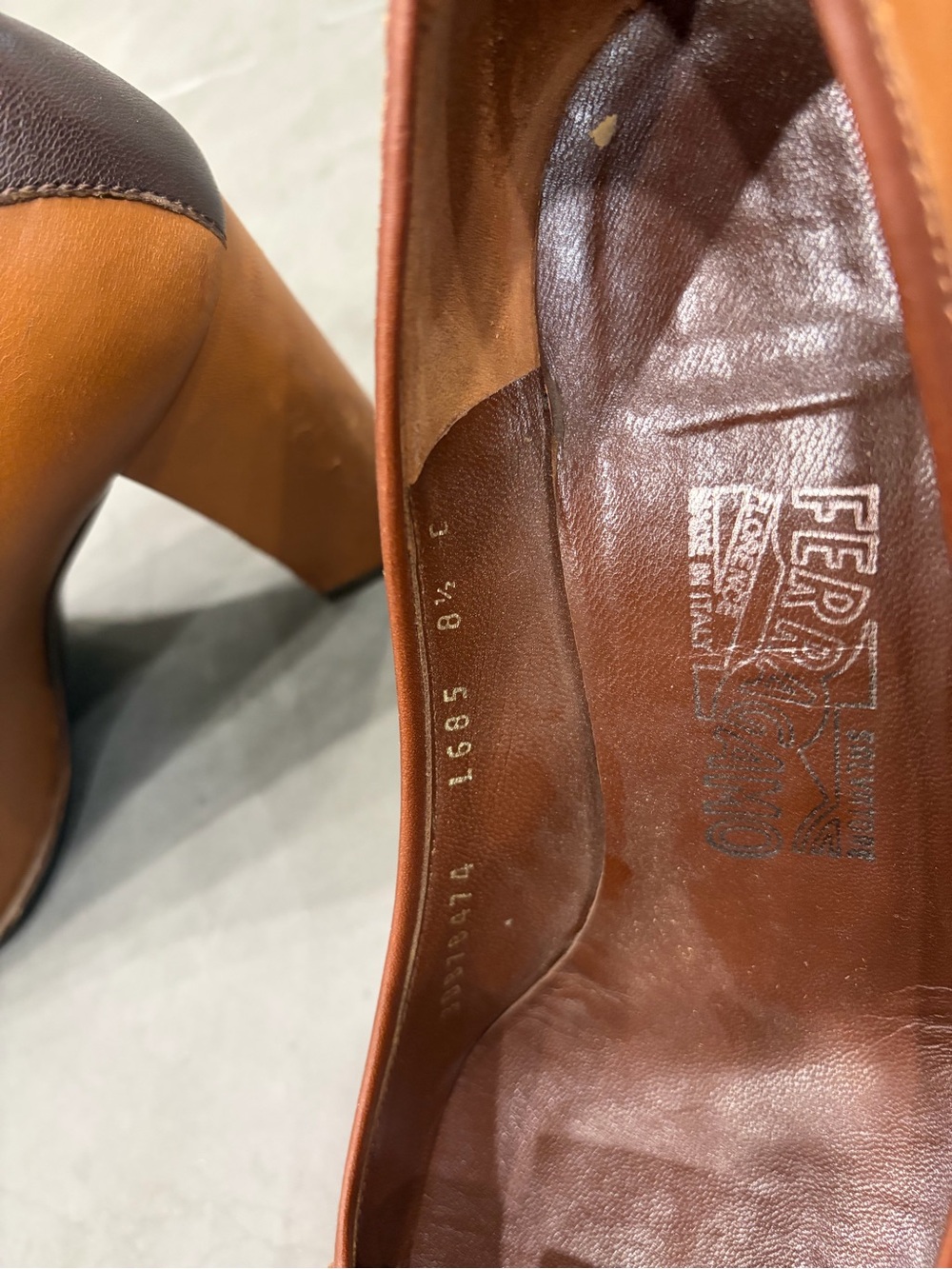 Salvatore Ferragamo Tan and Brown Leather Block Heel Pump - Picture 14 of 14